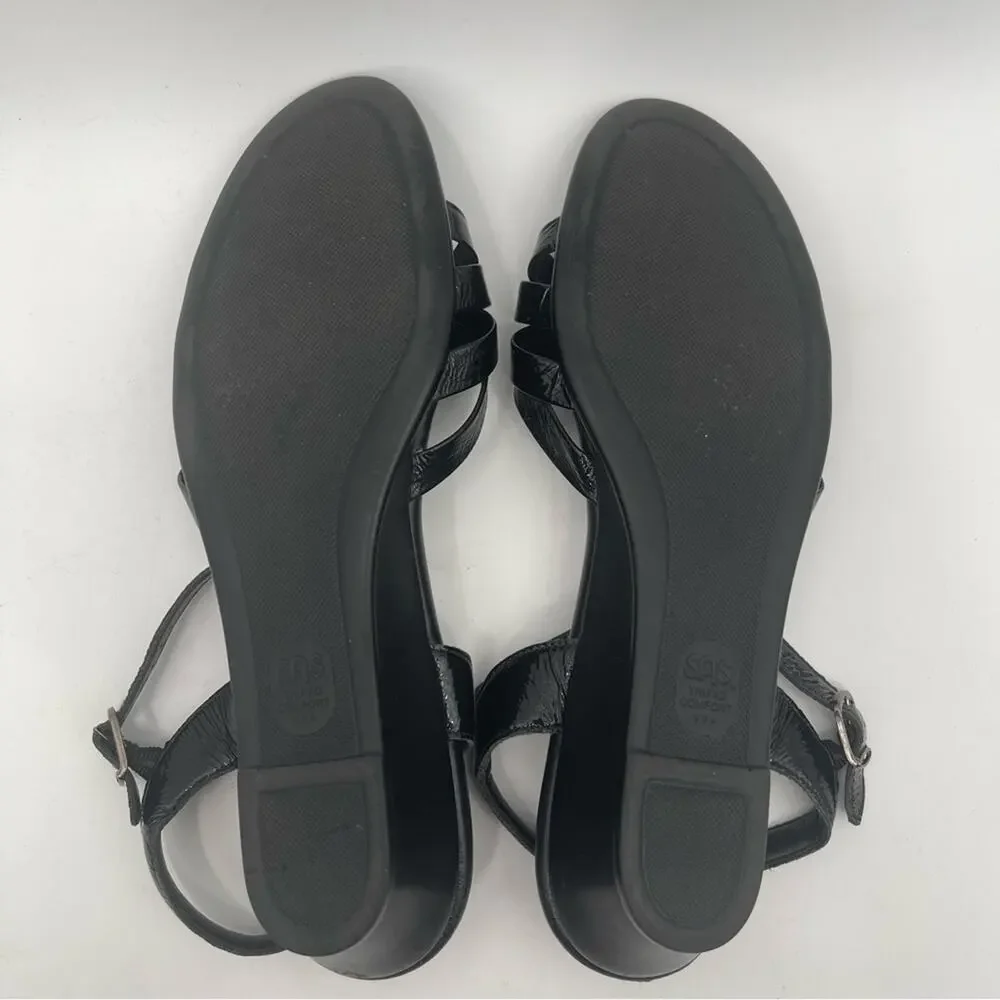 SAS Sandals 9.5 SLIM Strippy Quarter Strap Wedge Black Patent Leather 9.5 SLIM